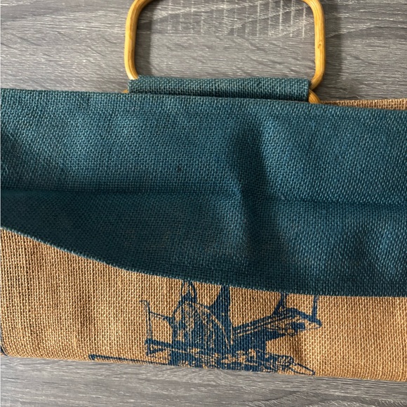 Fenton Glass Tan and Blue Tote Bag with Bamboo Handles - Picture 2 of 4